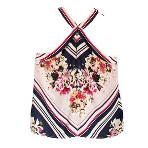 Halter‎ Top Size Large Floral Navy Pink Blouse Feminine Girlhoodcore Luxury